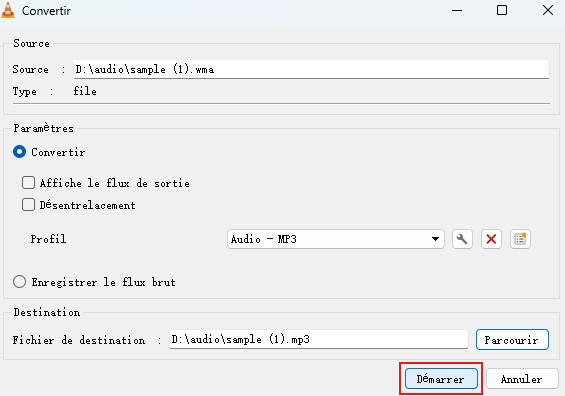 démarrer la conversion wma en mp3 avec vlc