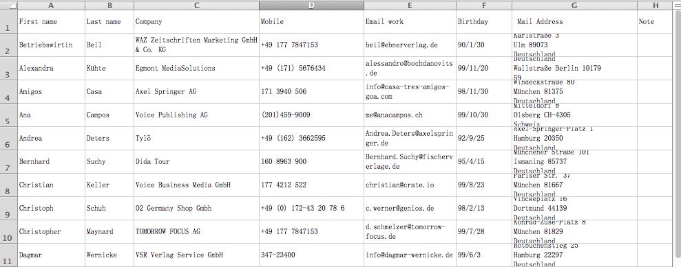 exported Excel file