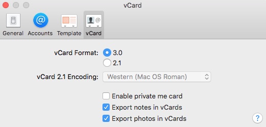 Mac Contacts app export settings