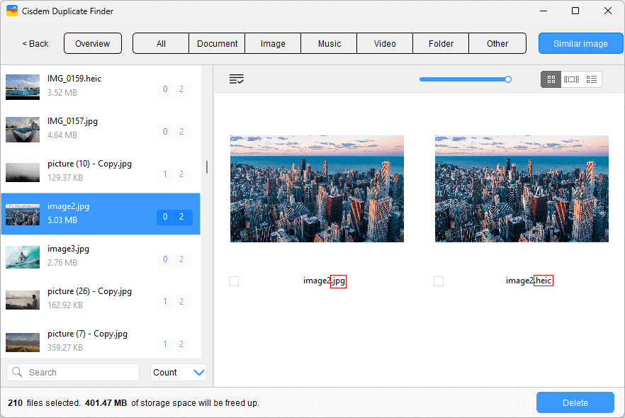 the Similar Image tab showing several sets of non-exact duplicate photos