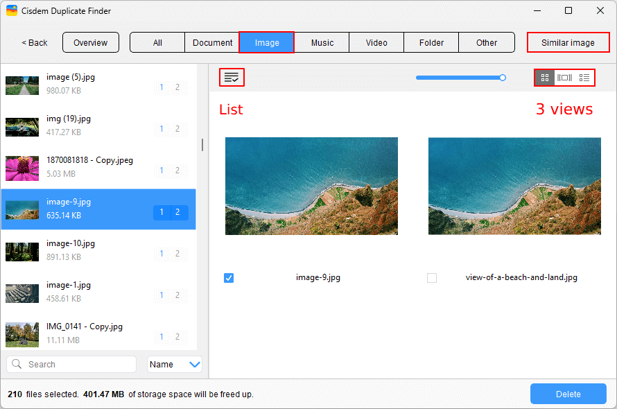 the results window showing several tabs, and the Image tab showing several sets of duplicate photos