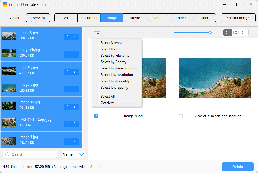 clicking the List icon bringing up several selection rules, such as Select Newest and Select Oldest