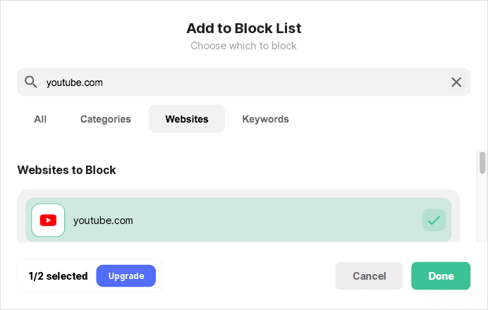 the Add to Block List in BlockSite shows the Websites tab, the Keywords tab, and the Categories tab