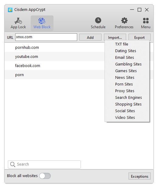 the Web Block tab showing a URL field, an Add button and an Import menu, and that two porn sites are on the block list