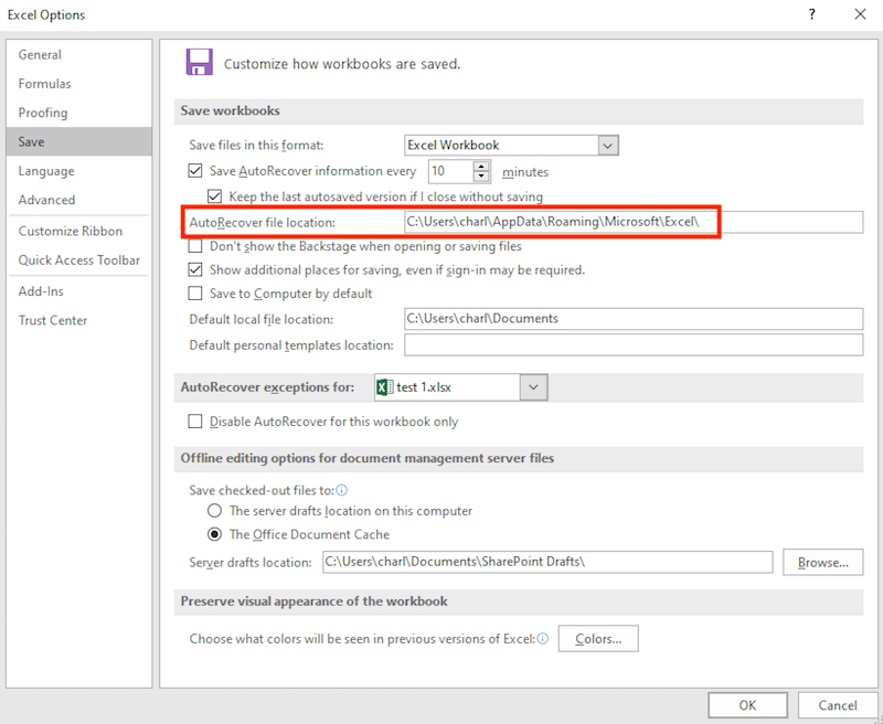 autorecover file location