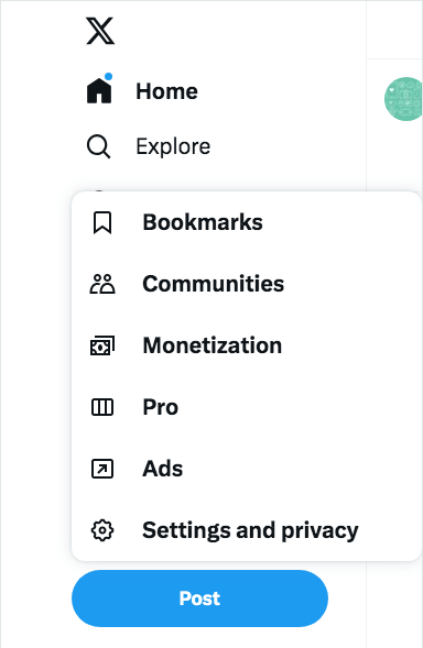 clicking More in the sidebar on a Twitter page bringing up the Settings and privacy option