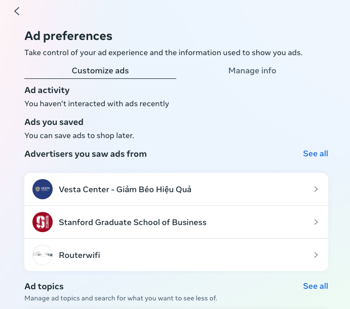 the Ad preferences screen showing the Advertisers you saw ads from section and the Ad topics section
