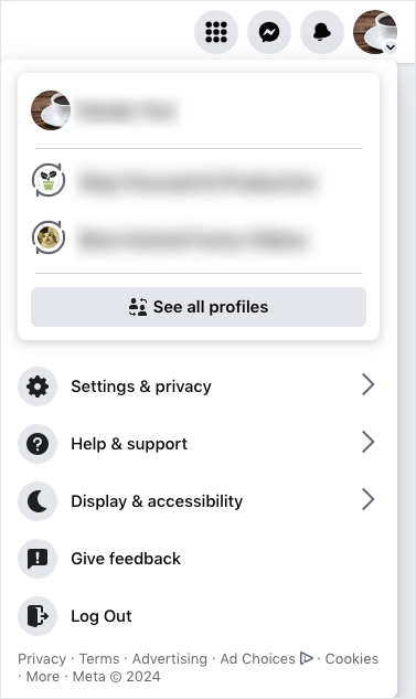 clicking the profile picture on a Facebook page bringing up the Settings & privacy option
