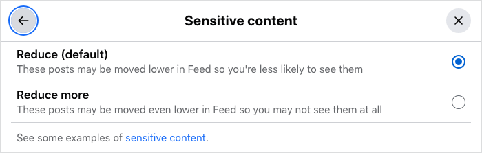 the Sensitive content dialog showing that the Reduce more option is selected