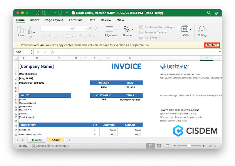 restore previous excel version 03