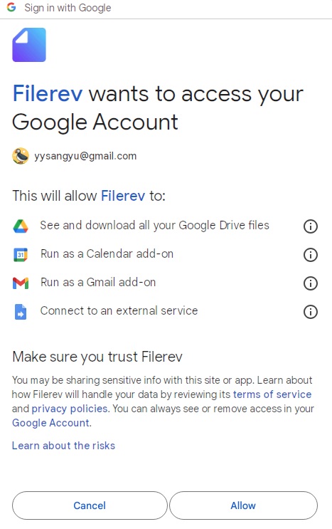 allow Filerev to access and handle your files in Google Drive