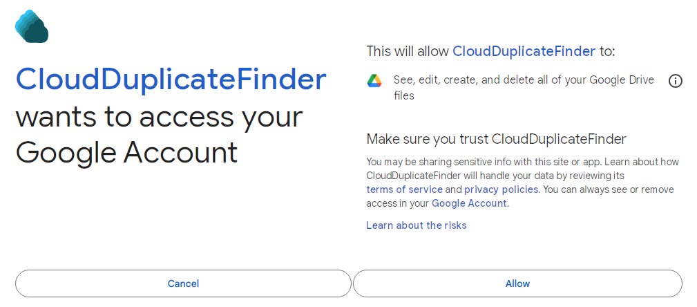 allow CloudDuplicateFinder to access your Google account