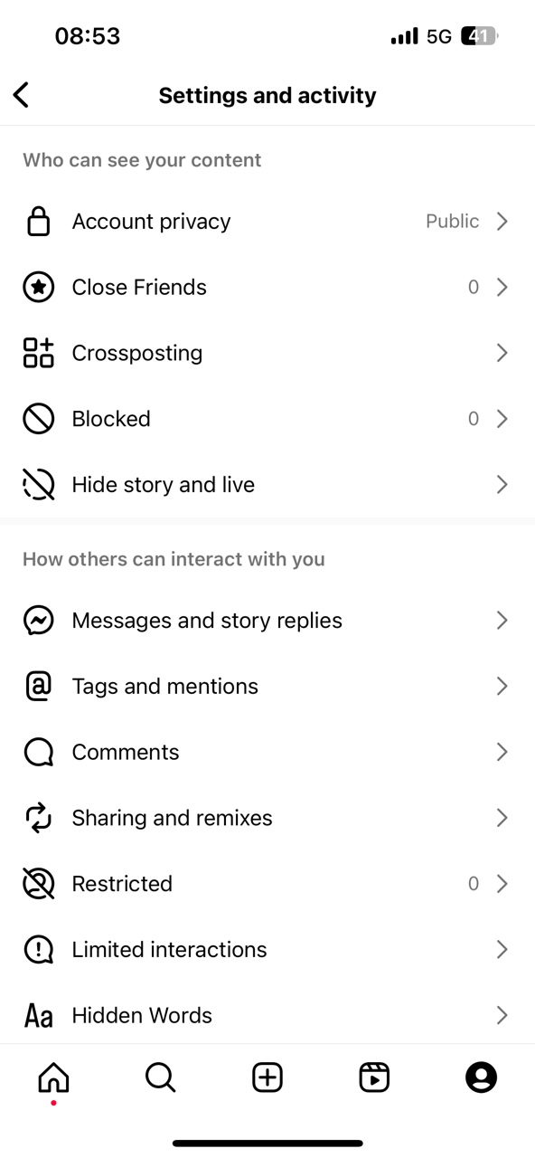 Instagram app Settings and activity window