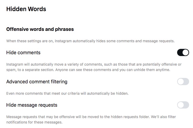 Instagram web Hidden Words