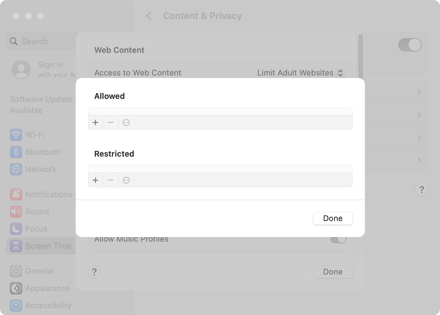 a dialog showing a Restricted section and a Done button