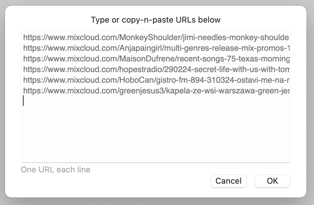 mass add Mixcloud URLs