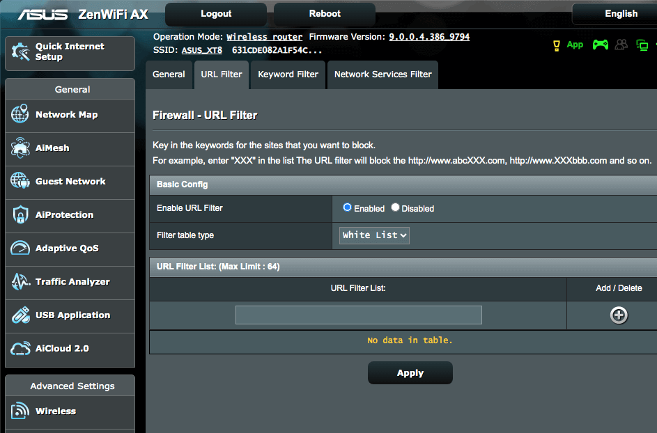 the webpage of the ASUS ZenWiFi AX showing that the White List feature is turned on
