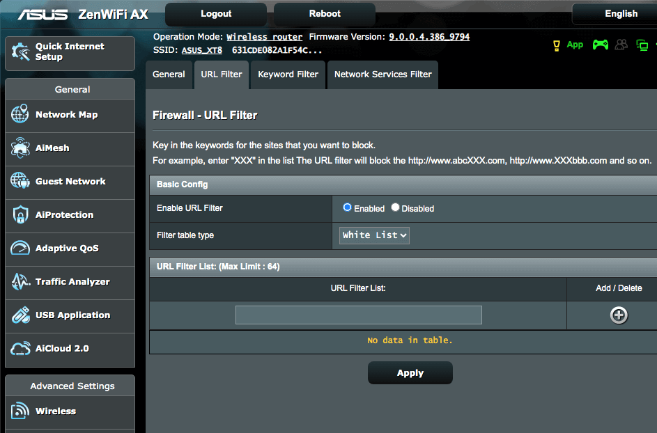  ASUS router settings showing an URL Filter 	List