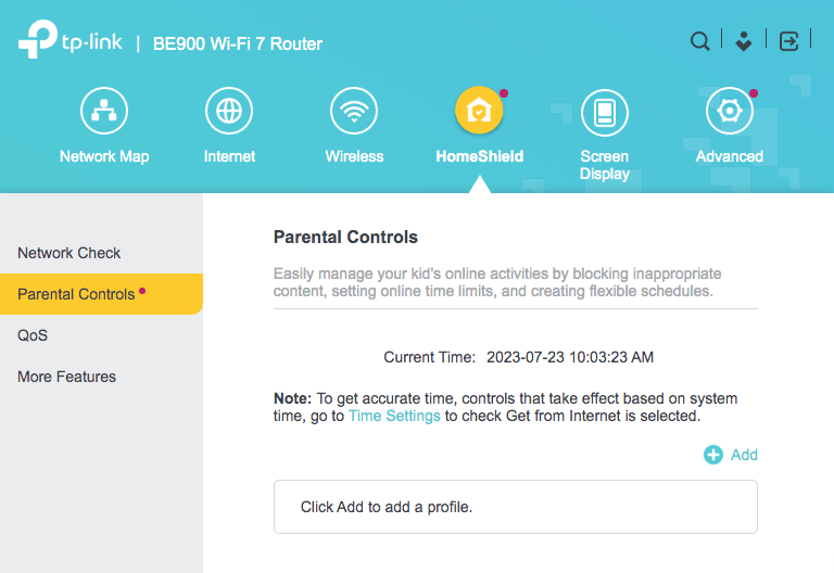 the webpage of TP-Link Archer BE900 router showing the HomeShield settings, which contains the Parental Controls settings