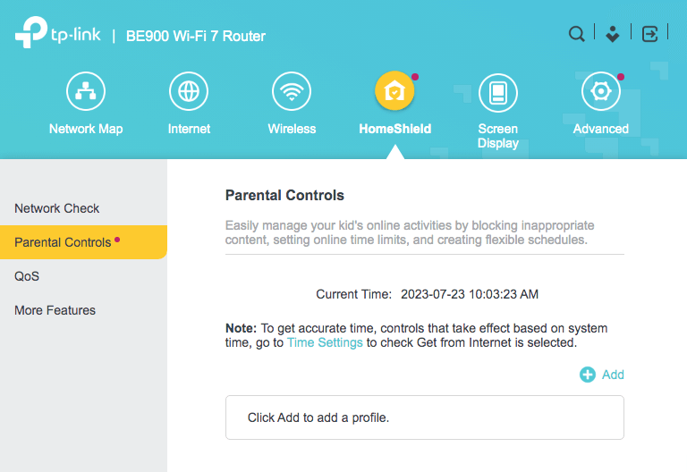 a router settings screen showing a Parental Controls tab on the left and a short description on blocking online content