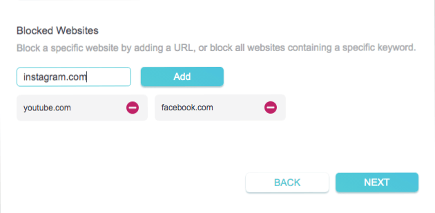 the webpage of TP-Link Archer BE900 router showing that two websites have been added to the block list