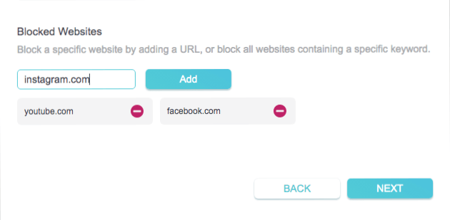 a Blocked Websites dialog showing two websites, including youtube.com
