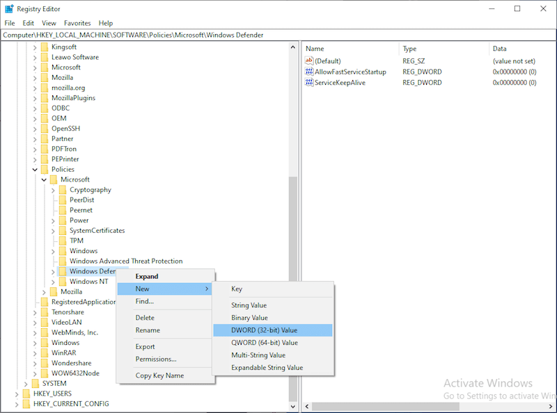 disable wd in registry editor 02