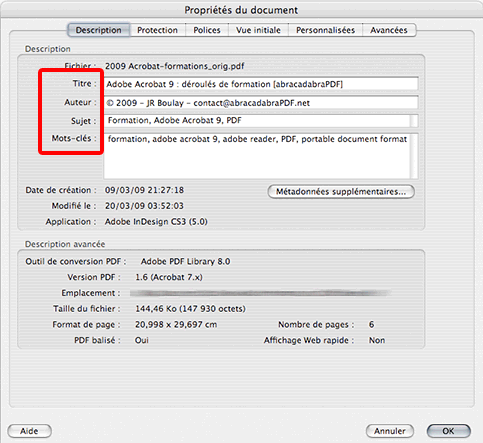 modifier métadonnées PDF Adobe