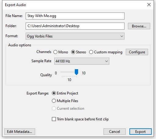 Aucacity convert WAV to OGG