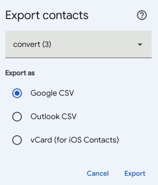 the Export contacts dialog showing three export formats, including CSV