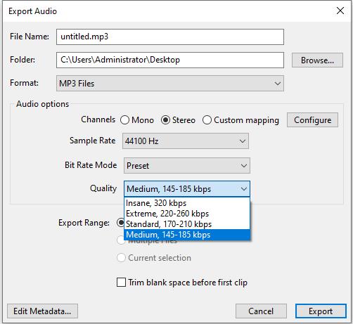 compress audio files in Audacity