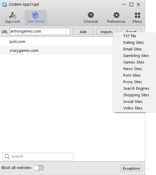 the Web Block tab showing that two gaming sites are added