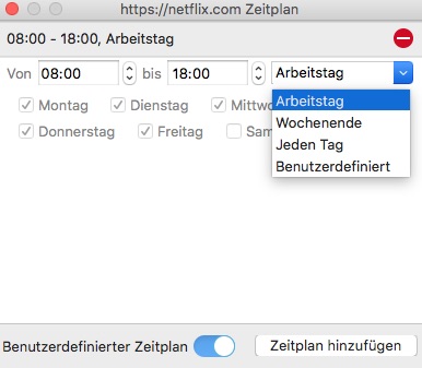 Der Dialog „Benutzerdefinierter Zeitplan“ zeigt zwei Zeitpläne zum Blockieren von Netflix