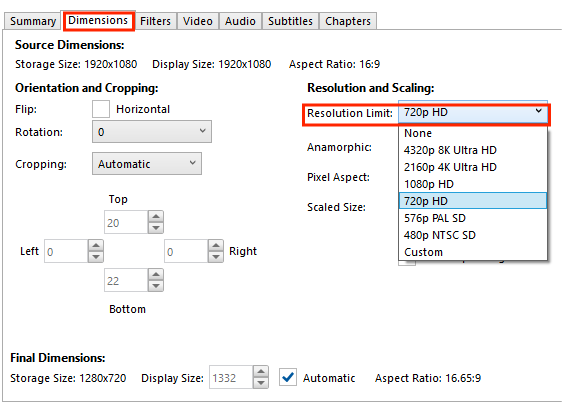 HandBrake compression option resolution