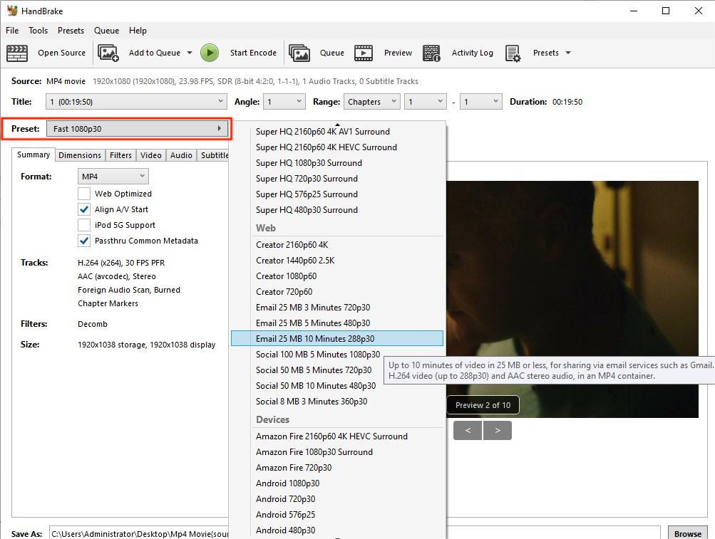 HandBrake MP4 compression output preset