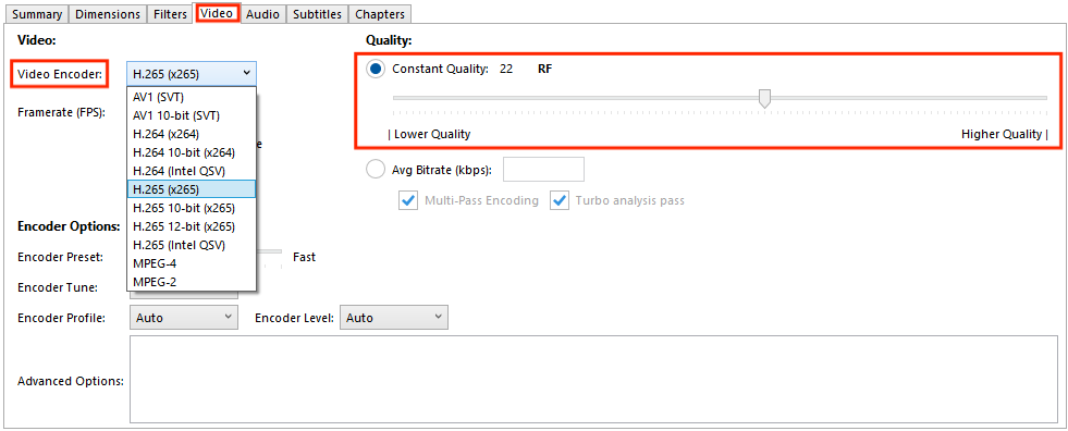 HandBrake MP4 compression options