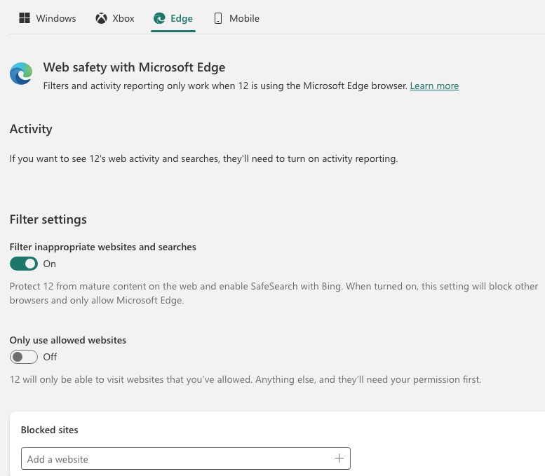 the Filter settings section showing that the Filter inappropriate websites and searches option is enabled