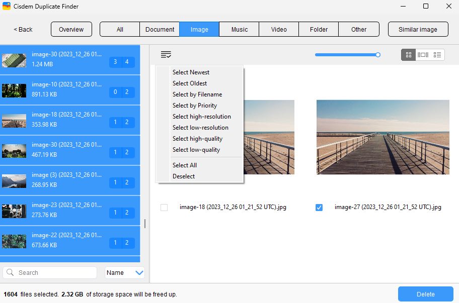 a screen showing several sets of duplicate photos and multiple rules for selection