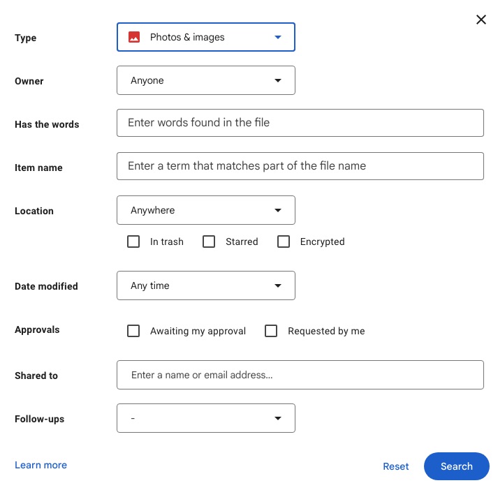 the advanced search settings