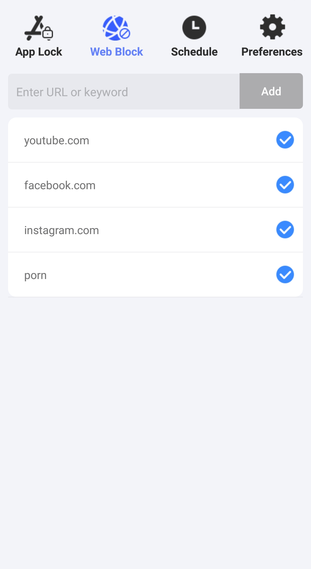 the Web Block tab showing a list of four blocked sites