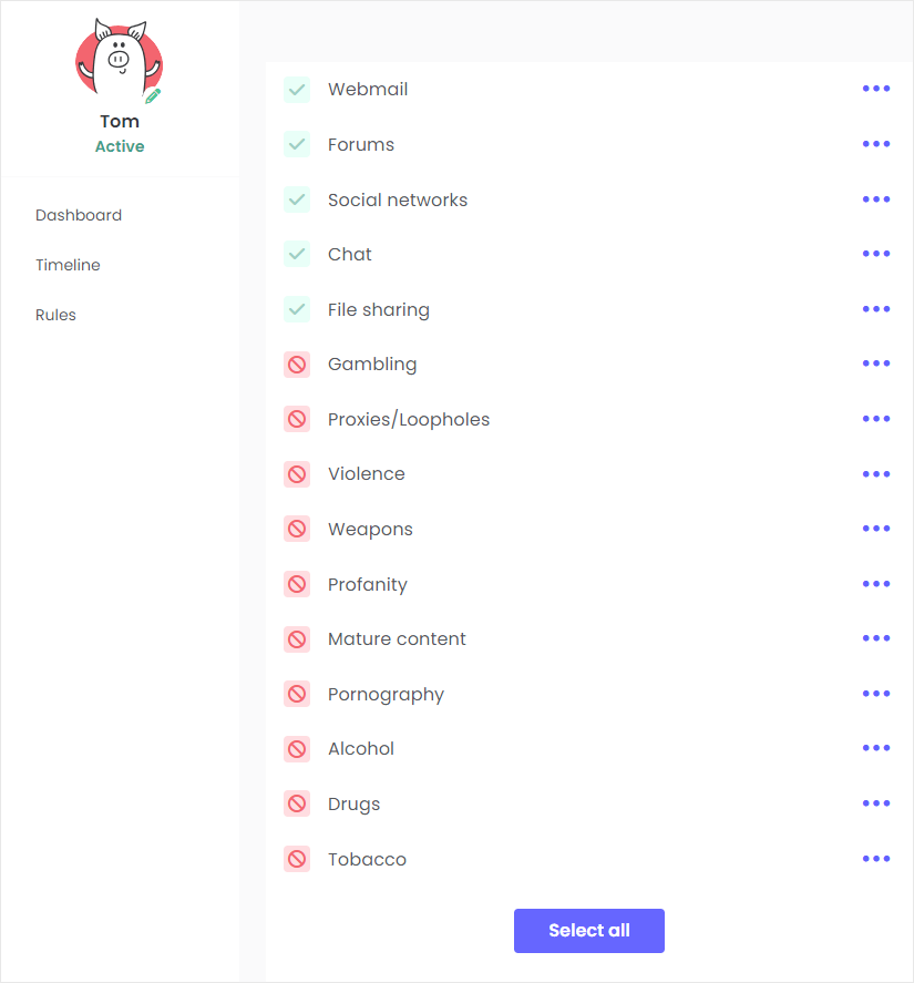 the Categories tab showing that the Pornography category and other inappropriate website categories are blocked