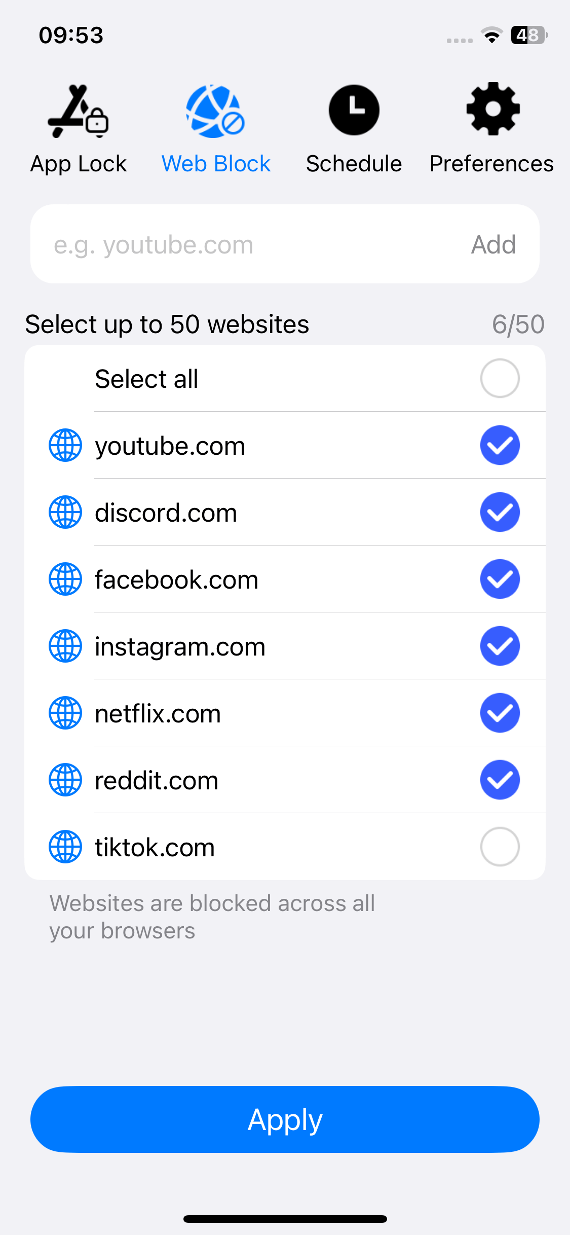 screenshot showing a list of blocked websites