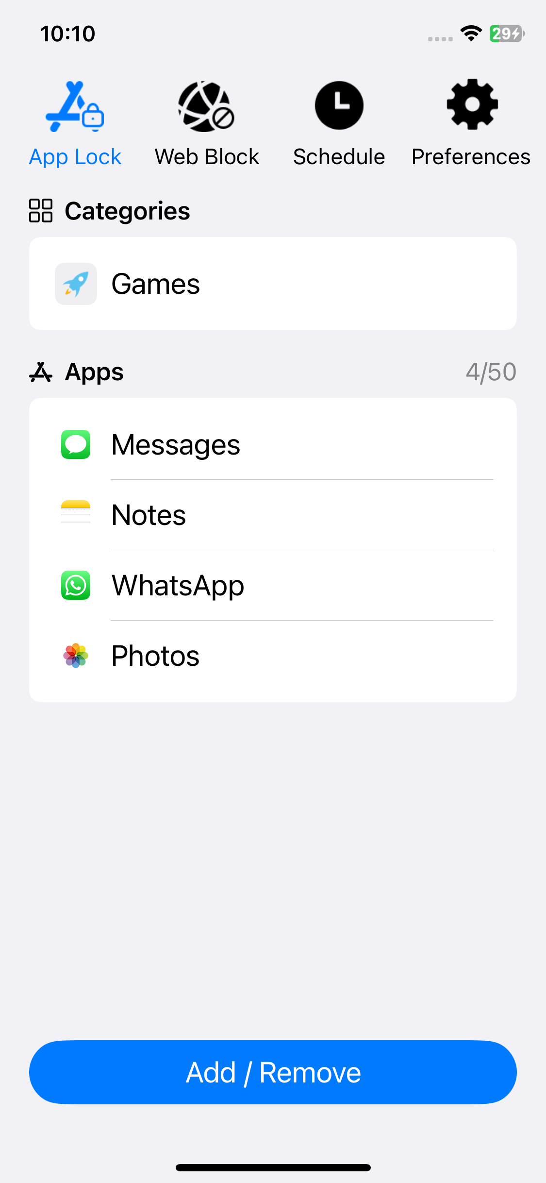 the App lock tab showing an Add / Remove button at the bottom of the screen