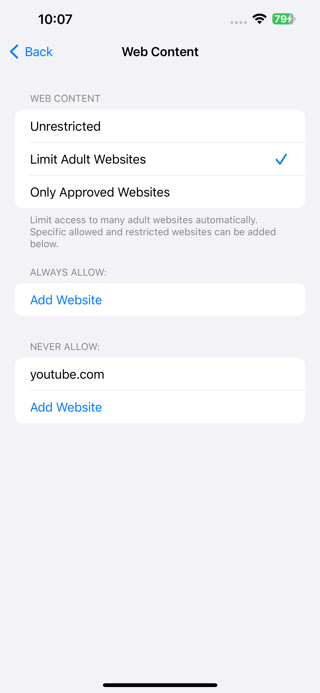 the Web Content screen showing three options, with one being Limit Adult Websites
