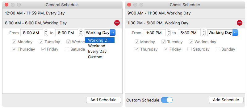 a General Schedule dialog and a Custom Schedule dialog