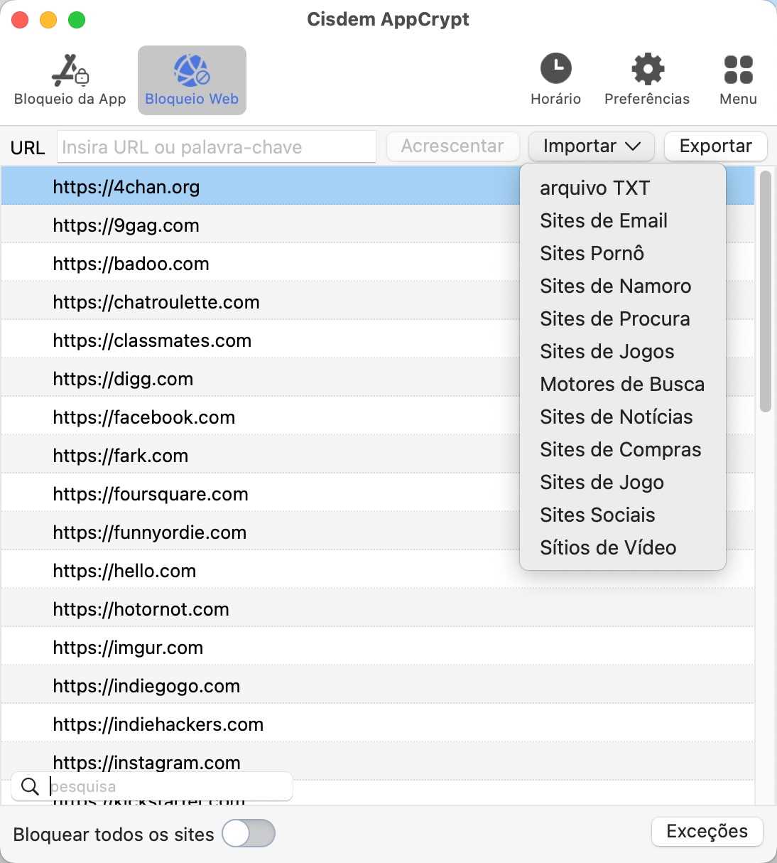 adicionar sites para bloquear