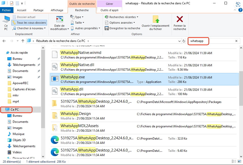 rechercher whatsapp dans explorateur de fichiers