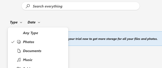 a screen showing a Search everything box and a Type dropdown menu