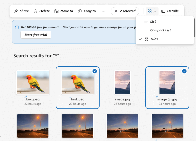 a screen showing three options including Tiles and two sets of duplicate photos