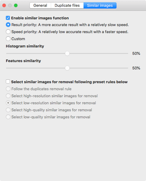 Similar Images tab showing settings, including options to enable similar image detection, choose result priority, and adjust histogram and feature similarity sliders